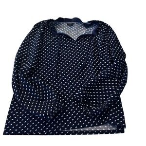 Talbots XL Navy Blue Polka Dot Blouse Top Ruffle Neck Long Sleeve‎ Retro Chic